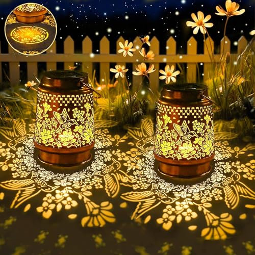 Joycome Solarlaterne für Außen 2 Stück LED Kolibri Solarlampen für Außen Garten, Metall Hängend Outdoor Laterne Wetterfest Balkon Deko，Solarleuchten Geschenke für Terrasse Fackeln Tisch Weihnachtsdeko