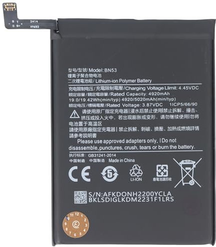 Batteria compatibile con Xiaomi Redmi Note 9 Pro, ai polimeri di litio, 3,87 V, 5020 mAh, 19,4 Wh, senza attrezzi
