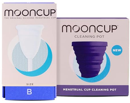 Mooncup® The Original Silicone Menstrual Cup Starter Kit Bundle, Reusable, Ultra Soft & Easy Insert, Great for Heavy Flows, Size B, Age 30 or Under & Mooncup Menstrual Cup Cleaning Pot