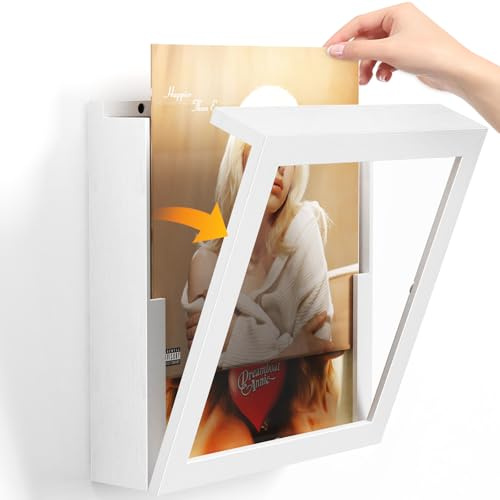 Emfogoo 1 x Vinyl-Schachtel, Holz-Wandregal aus Vinyl, Vintage-Rahmen für Schallplattenständer, für 20 Schallplatten, für 30,5 x 30,5 cm (12 x 12 Zoll) LPs (dick / weiß)