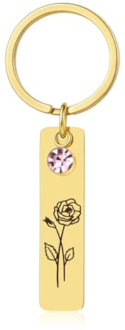 YeGieonr Portachiavi con 12 fiori mensili, in acciaio inox con incisione con pietra portafortuna, regalo personalizzato (gen-dic), anello portachiavi da 25 mm, Jun - Rose, 10x40 Millimeter