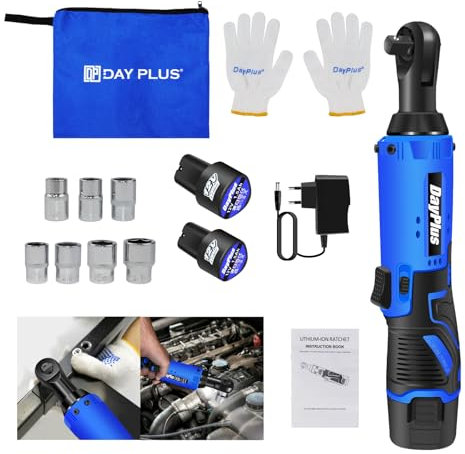 Xinng 3/8 Extended Cordless Electric Ratchet Wrench,12V Power Ratchet with 40Nm Torque,2 x 1.5Ah Batteries,Fast Charger, 7 Sockets, LED Work Light, Right Angle Design for Vehicles & DIY(Blue)
