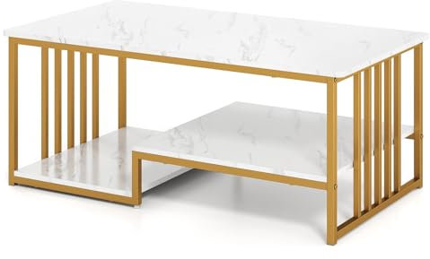 Multigot 3-Tier Coffee Table, Faux Marble Cocktail Center Table with Open Storage Shelves, Metal Frame Accent Sofa Snack Tea Table for Living Room Bedroom (White + Gold)