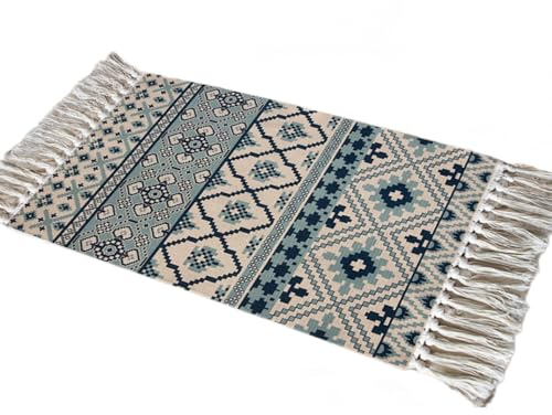 Aniyan Teppich 60x130 cm Boho Baumwollteppich Waschbar mit Quasten, Webteppich Faltbar für Camping Outdoor, Wohnzimmer Schlafzimmer Küche Flur, Handgewebter Antirutsch L?Ufer (Stil E)