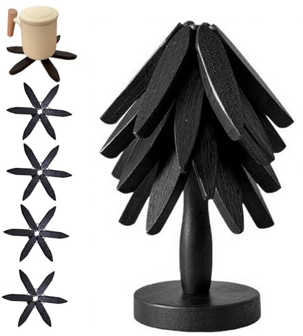Wooden Trivets for Hot Dishes, Tree Shape Trivet Set, 4 Walnut Wood + 1 Stand stored Like a Christmas Tree,Foldable Kitchen Wooden Trivet,for Hot Dishes、Pot、Bowl、Teapot、Hot Pot Holder (Black)