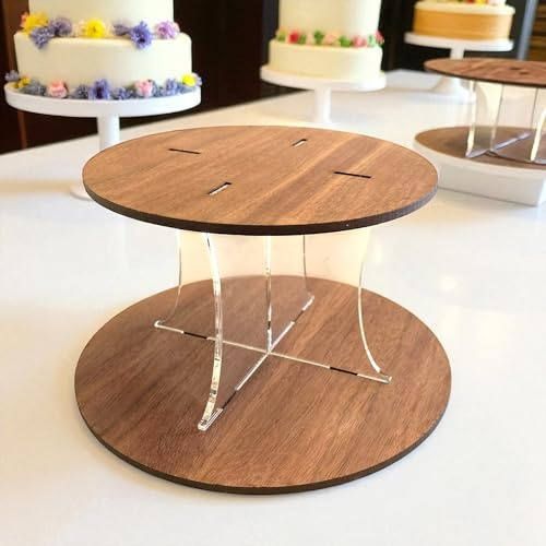 Super Cool Creations Wooden Cake Stand with Acrylic Pillars, 2-Tier Display Platform, Round Oak, 18x15cm 10cm high