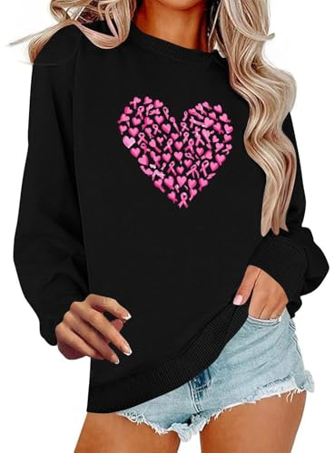 UHouse Sweat Octobre Rose Femme Cancer du Sein Pull Ruban Imprimé Sweats Col Rond Ample Haut Fin Cut Vetement Oversize Sportswear Automne Hiver Pulls Grande Taille Sweatshirt 03 Noir 3XL