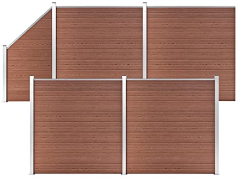 WPC Zaun-Set 4 Quadrate + 1 Schräge 792x186 cm, Braun, Holz-Kunststoff-Verbund für Garten, Hof, erweiterbare Sichtschutzwand, rostbeständig