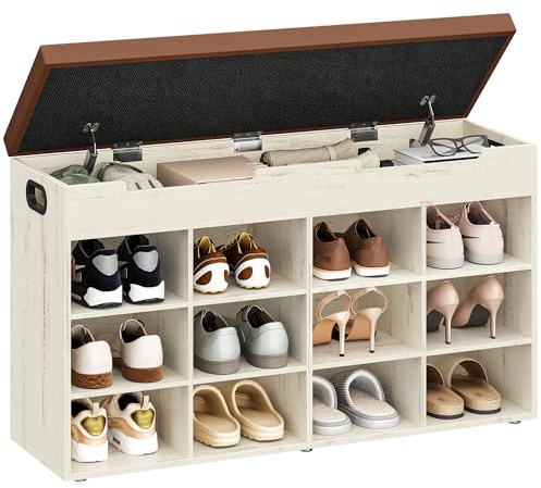 Hzuaneri Schuhbank mit Sitzfläche, 12 Fächer, Vintagebraun-Weiß | Schuhregal, Sitzbank mit Stauraum, Herausnehmbare Regale, 30 x 100 x 55 cm, Für Wohnzimmer, Flur, Eingang, SB53514KA