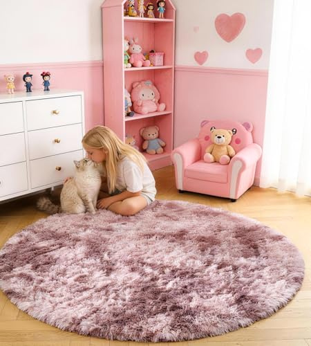 VOFUSHON Teppich Wohnzimmer Rund 150 cm Batik Rosa-Lila | Hochflor, Waschbar, OEKO-TEX Zertifiziert, 35D Rückprallschaum, Schlafzimmer, Rutschfeste Unterseite, Flauschig