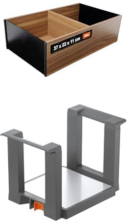 Blum Bundle AMBIA-LINE Schubladen-Organizer in hochwertigem Holzdekor | 37 × 22 × 11 cm | Tennessee Nuss AMBIA-LINE Tellerhalter | für bis zu 12 Tellern | rutschfest & robust | Oriongrau