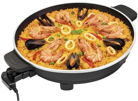 JATA JEPE1601 - Paellera Eléctrica 43 cm con Tapa de Cristal, Sartén Eléctrica Antiadherente 2000W, Termostato Regulable, Tapa de Cristal con Válvula de Vapor, Ideal para Paellas, Arroces, Fideuá, ...
