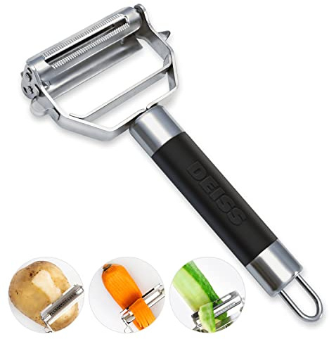 Deiss PRO Dual Julienne Peeler & Vegetable Peeler - Non-slip Handle - Apple Peeler & Potato Peeler, Orange Peeler, Zoodles Maker - Y Peeler, Veggie Peeler for Making Delicious Veggie Noodles