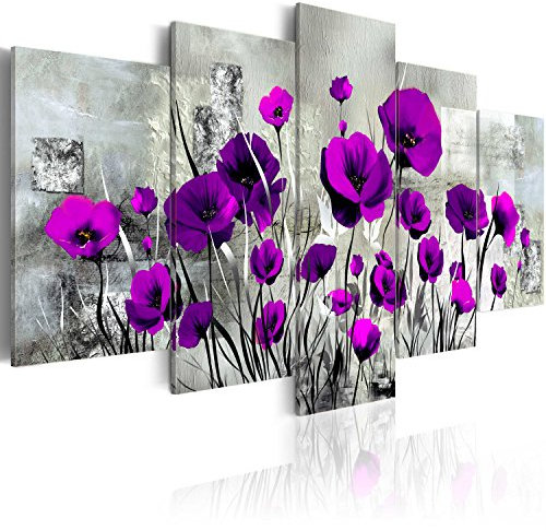 B&D XXL - Quadro Fiori Papaveri 200x100 cm 5 Pezzi - Stampa su Tela in TNT Tessuta XXL Grande - Quadri Moderni Componibili Camera da Letto Matrimoniale - Stampe da Parete Arte - Fiore Papavero grigio