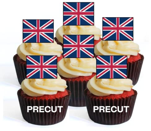 24 PRECUT Union Jack Flags, British Flag Edible Cupcake Toppers - - wafer card disc cake decorations