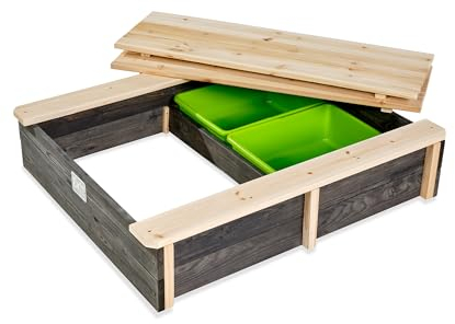 EXIT Toys Aksent Wooden Sandbox - With 2 Benches - 2 Removable Storage Bins - Lockable with Lid - For Children - 100% FSC Cedar Wood - 3.1x2.5ft