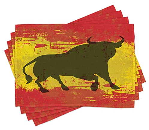 ABAKUHAUS Spanisch Platzmatten, Bull Silhouette auf spanische Flagge Grunge nationalen Elemente Farbflecken, Waschbare Stoff Esszimmer Küche Tischdekorations Digitaldruck, Zinnoberrot Gelb