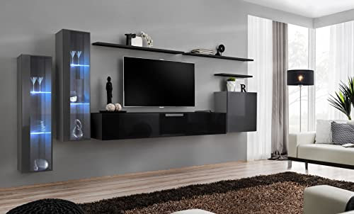 ASM Wand-Set – Switch XI – 2 LED-Vitrinen – 1 TV-Bank – 1 quadratischer Vitrine – 3 Einlegeböden – Schwarz und Graphit – Modell 1