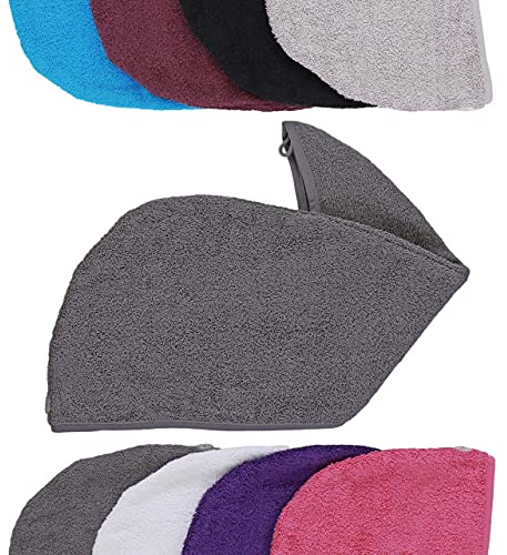 aztex Luxury Hair Turban Towel, Head Wrap Towel, Hair Drying Towel with Loop and Button Fastener, Luxury Absorbent and Lightweight Cotton, Multiple Colours, 64 x 23cm - Slate