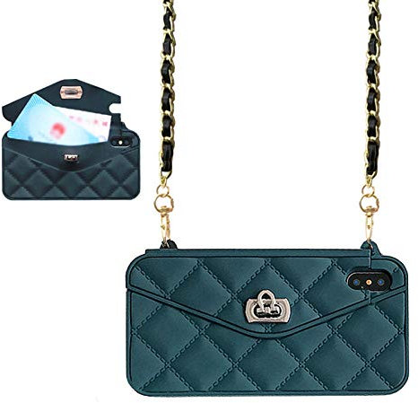 UnnFiko Wallet Case Compatible with iPhone XR, Cute Light Bag Design, Purse Flip Card Pouch Cover Soft Silicone Case with Handstrap Long Shoulder Strap (Dark Green, iPhone XR)