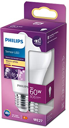 Philips LED Premium Sensor Frosted Light Bulb [E27 Edison Screw] 8W - 60W Equivalent, Warm White (2700K), Non Dimmable