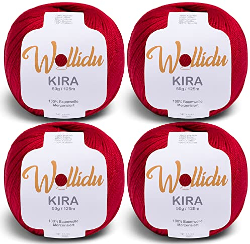 Wollidu Kira 100% Baumwolle zum Stricken und Häkeln 4 x 50g Set Häkelgarn Strickgarn - Dunkelrot