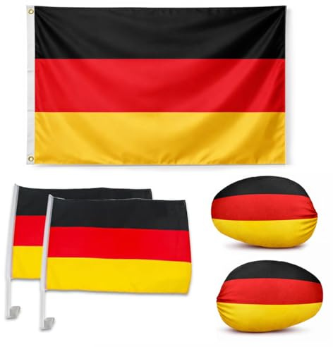 Murago - 5 teiliges Deutschland Auto Fanset - EM Dekoration Fanartikel Autofahne Spiegelfahne Flagge ca. 150x90 cm mit Ösen Fußball Party Autofensterfahne