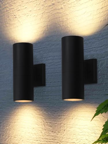 LEONLITE Modern Outdoor Cylinder Wall Lights 12, Up and Down Porch Patio Lights, Matte Black Waterproof Wall Sconce, Aluminum, E26 Base, Exterior Light Fixture Wall Mount, ETL, Pack of 2