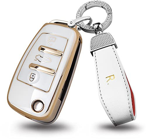 ontto Étui Coque de clé de Voiture pour Audi A3 A4 A5 C5 C6 8L 8P B6 B7 B8 C6 RS3 Q7 TT 8L 8V S3 Télécommande de clé Voiture Porte-clés en TPU 3 BoutonsBlanc R