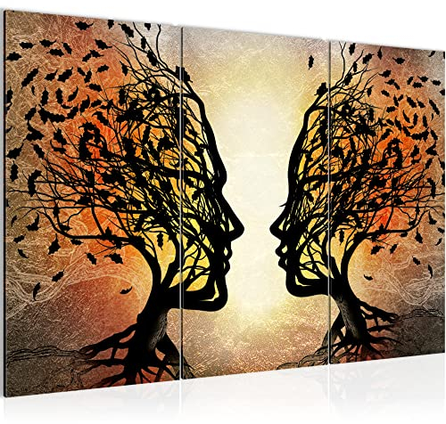 Runa Art Couple d'amour Peinture Tableau Salon XXL Noir Orange Arbres 120 x 80 cm 3 Parties Decoration Murale 041231a