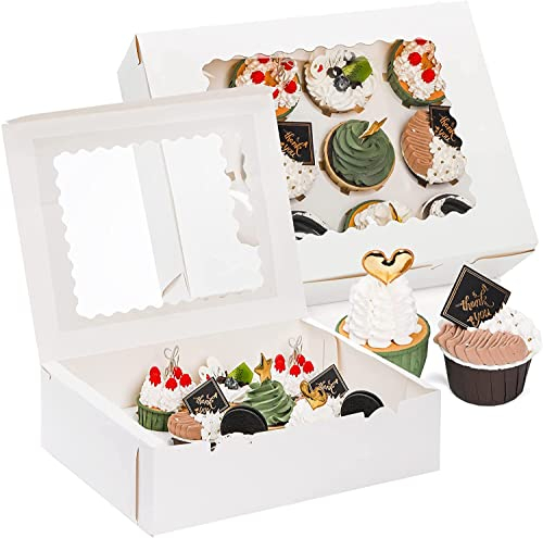 Jucoan 20 Pack White Cupcake Box 12 Holders Kraft Paper Cupcake Carrier Container with Inserts and PVC Windows for Cookies, Muffins Pastries
