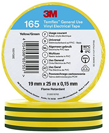 3M Temflex de ruban adhésif en vinyle 165 Vert/jaune 19 mm x 25 m, 10 rouleaux