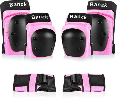 Banzk Rodilleras para adultos/niños, coderas, muñequeras, juego de equipo de protección 3 en 1 para patineta, ciclismo, patinaje, deportes al aire libre, rosa, L