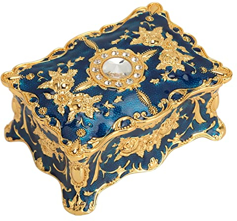 Vintage Metal Jewelry Box - Small Trinket Storage, Rectangle Treasure Chest, Decorative Gift for Women Girls (Gold+Blue)