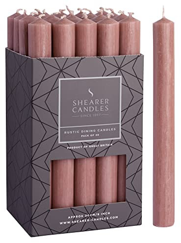 Shearer Candles Dusky Pink - Dinner Candles - 8 inch - Unscented Dinner Candles - 8 Hour Burn Time - 20 Pack (PR8947)