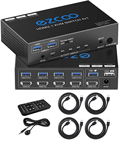 8K HDMI 2.1 KVM Switch USB 3.0 4 Ports mit Hotkey 8K @ 60Hz 4K @ 120Hz 48Gbps Teilen Sie 4 Computer mit einer Tastatur Mous HDR D-olby Vision HDCP2.2 Fernbedienung USB 3.0 Kabelx4