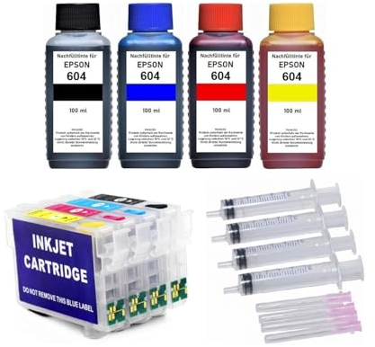 Nachfüllbare Druckerpatronen 604 XL mit Auto-Reset-Chips + 400 ml Nachfülltinte kompatibel mit Epson Expression Home XP-2200 2205 3200 3205 4200 4205, Workforce WF-2910 2930 2935 2950