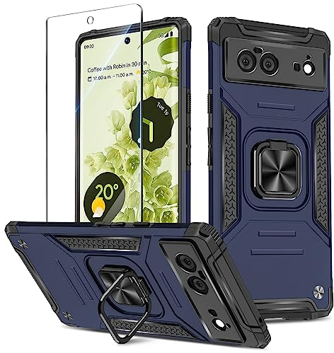Btstring Hülle kompatibel mit Google Pixel 6 mit Schutzfolie, Militär Standard Stoßfest Handyhülle Case Hybrid Metall Ring Halter Schutzhülle Handy Hüllen Cover -Blau