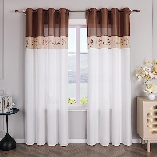 SCHOAL Gardinen mit Ösen Halbtransparente Vorhänge Weiß Gardinenschal Fensterschal Landhaus Dekoschals Wohnzimmer Bestickt 1 Stück BxH 140x245cm Braun