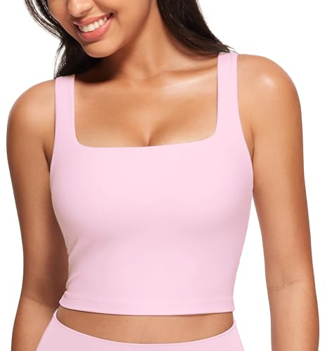 CRZ YOGA Damen Butterluxe Sport BH Gepolstert Ohne Bügel Crop Tops Atmungsaktive Yoga Tank Top Fitness Workout Sports Bra Rosa Pfingstrose 42