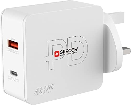 SKROSS - USB Wall Charger - UK Plug Wall Charger - 1 x USB-C Power Delivery 48W - 1 x USB-A Quick Charge 3.0 18W - USB-C Cable 160cm Included