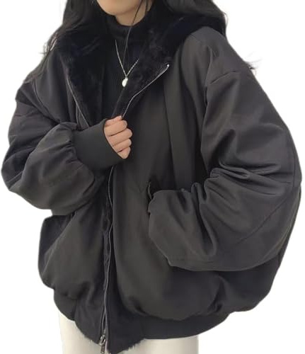 Sumleno Sherpa-Jacke für Damen, Teenager, Mädchen, wendbar, Y2K, Reißverschluss, Kapuzenpullover, Fleece, Pelz, Grunge-Wintermantel, Cutecore, koreanische Kleidung