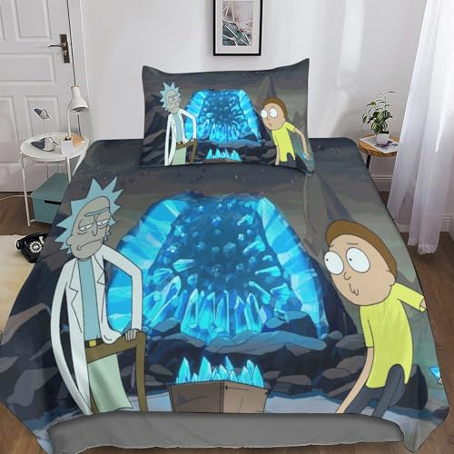 Rick Morty 3D Gedruckte Bettwäsche Set 3teilig Animation Cartoon Bettbezüge Mit Reißverschluss Weiche Und Angenehme Schlafkomfort Microfaser Bettbezug Retro Kinder Mit Kissenbezug Single(135x200cm)