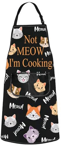 MYSOMY Katzenschürze mit Taschen, Katzenmuster, Kochschürze für Katzen, Backschürze mit Aufschrift Not Meow I'm Cooking, Küchenschürzen für Frauen, Schürze mit Aufschrift Not Meow I'm Cooking,
