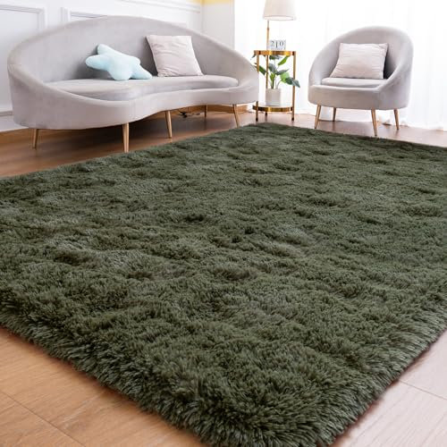 Goideal Fluffy Rug for Bedroom Living Room, 6x9 Olive Green Area Rugs, Faux Fur Shag Modern Carpet Ultra Soft Girls Boys Room Home Decor, Solid