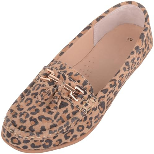 ABSOLUTE FOOTWEAR Mocasines/Zapatos/náuticos/Sandalias de Cuero Informales sin Cordones para Mujer - Leopardo - UK 5