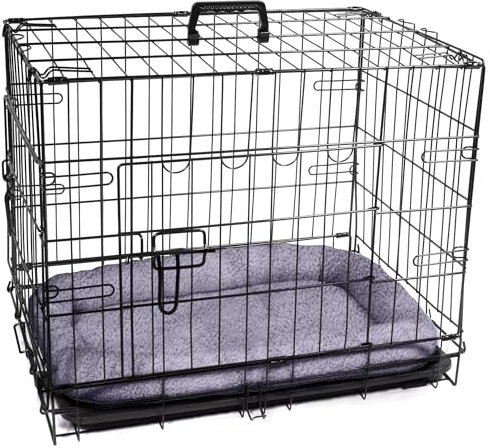Pretty Pooch Dog Crate Puppy Cat Pet Training Cage Small Carrier Metal Folding with Tray Double Door and Bed (Small - 24 Inch)