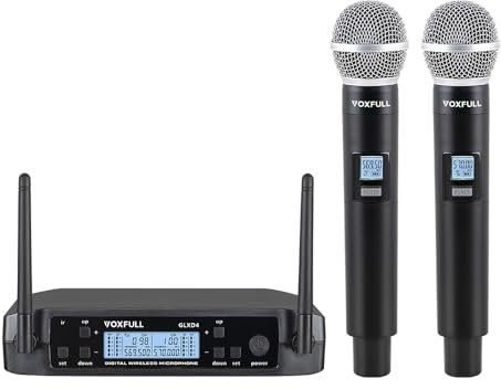 VOXFULL Wireless Microphone System Dual Wireless Mics, 2 Handheld Dynamic Microphones, Adjustable UHF Channels, 164ft Range,Microphone for Singing, Karaoke, Church(GLXD4)