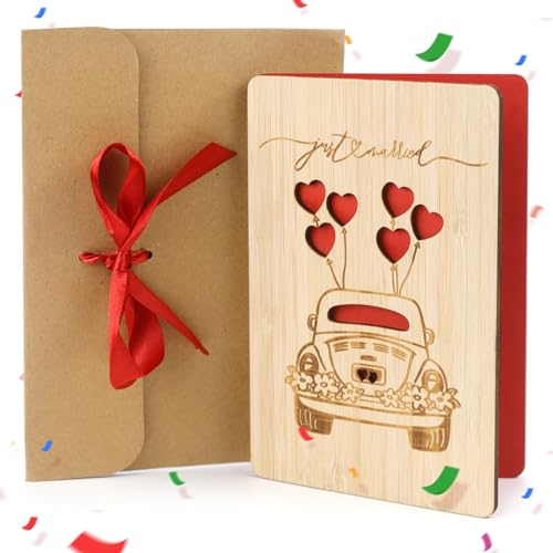 Jeinbuil Hochzeitskarte Holz mit Umschlag Grußkarten zur Hochzeit 15.5x10.5cm Glückwunschkarte für Valentinstag Jahrestag Einladungskarten (Hochzeitsauto)