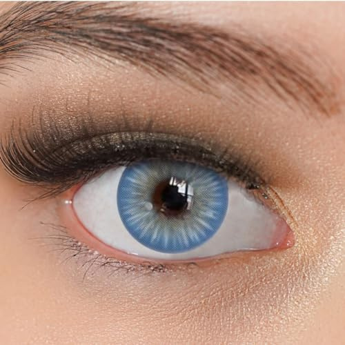 Kontaktlinsen farbig blau ohne Stärke stark deckend Charmiga Sugar Blue | Natürliche Jahreslinsen 2 Stück mit Behälter, weiche Farblinsen hellblau 0.00 Dioptrien, 14.0 mm